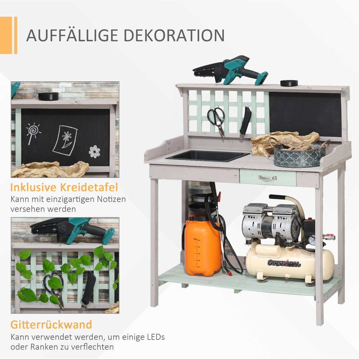 Plant Table Garden Table Garden Table Flower Table With Drawer And Tray For The Garden Fir Wood Mint Green + Gray 92 X 42.5 X 119.5 Cm