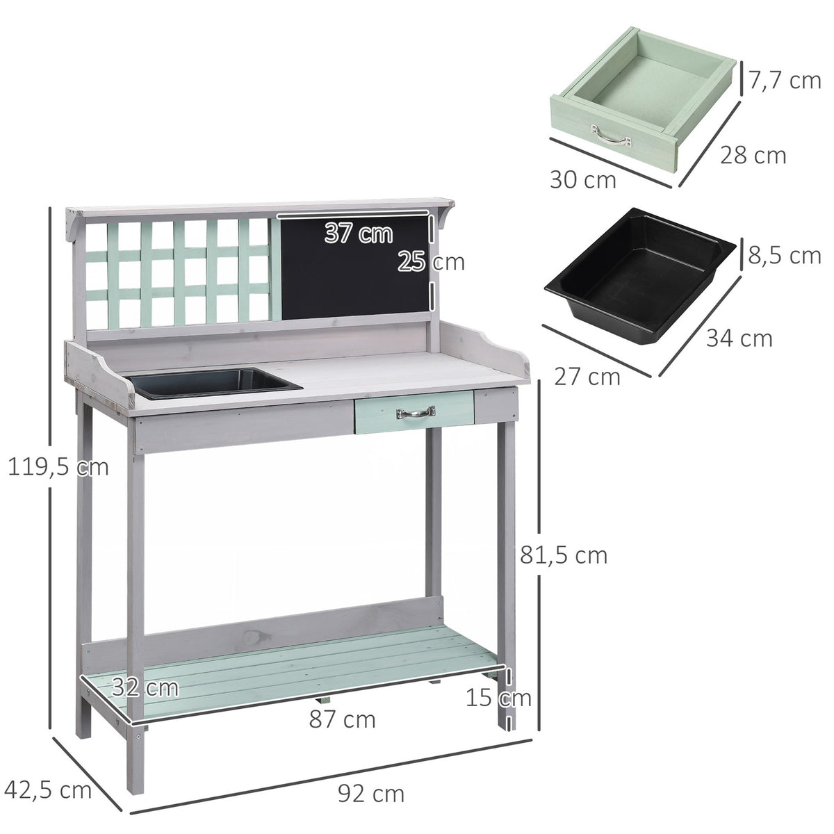 Plant Table Garden Table Garden Table Flower Table With Drawer And Tray For The Garden Fir Wood Mint Green + Gray 92 X 42.5 X 119.5 Cm