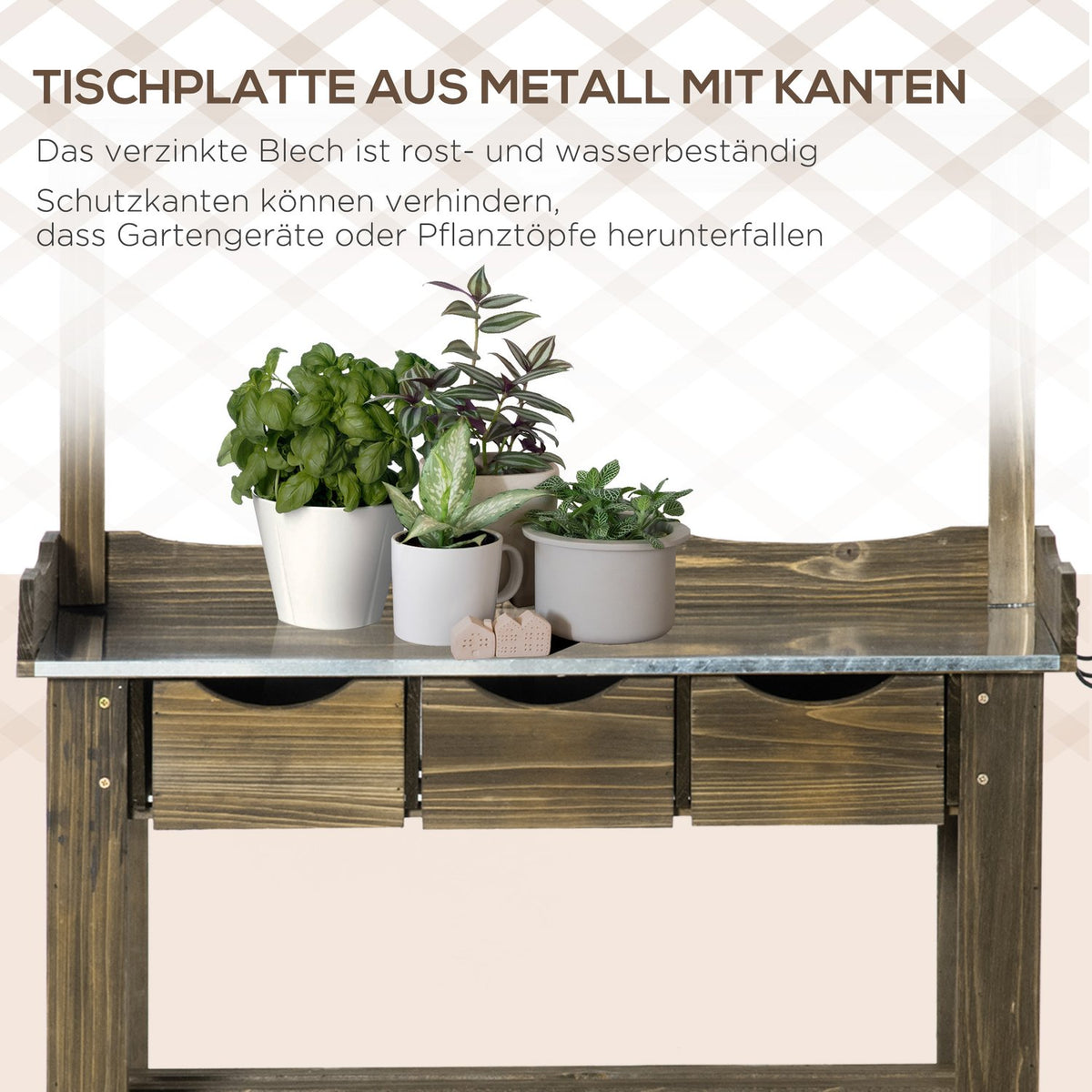 Plant Table Garden Table Made Of Wood 3 Drawers Hooks Galvanized Work Surface For Garden Patio Charred 78X38X112Cm