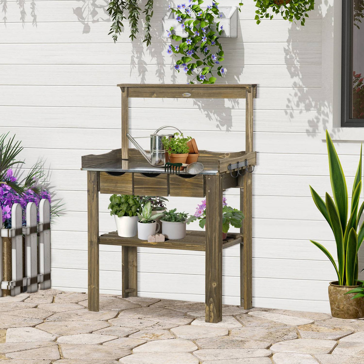 Plant Table Garden Table Made Of Wood 3 Drawers Hooks Galvanized Work Surface For Garden Patio Charred 78X38X112Cm
