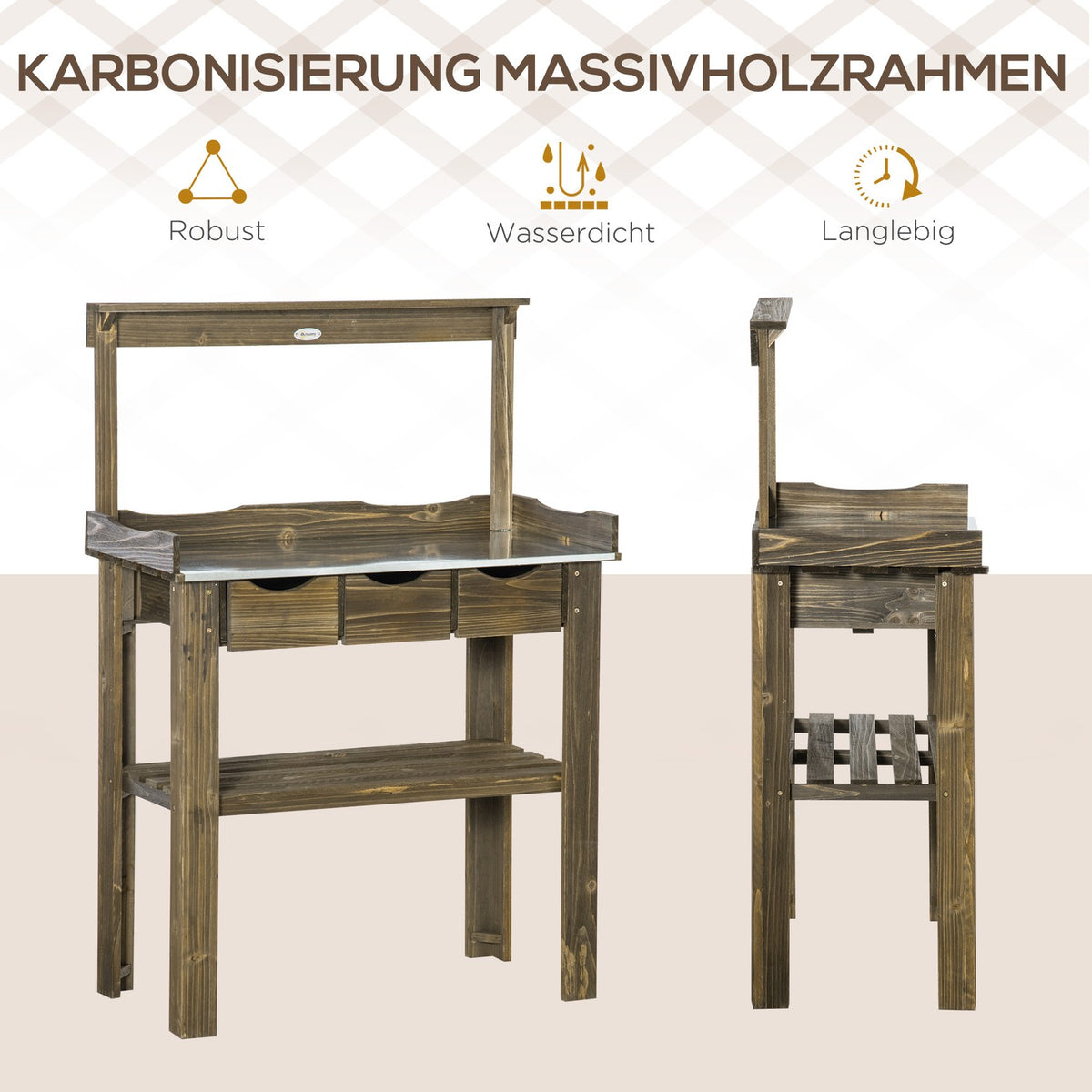 Plant Table Garden Table Made Of Wood 3 Drawers Hooks Galvanized Work Surface For Garden Patio Charred 78X38X112Cm