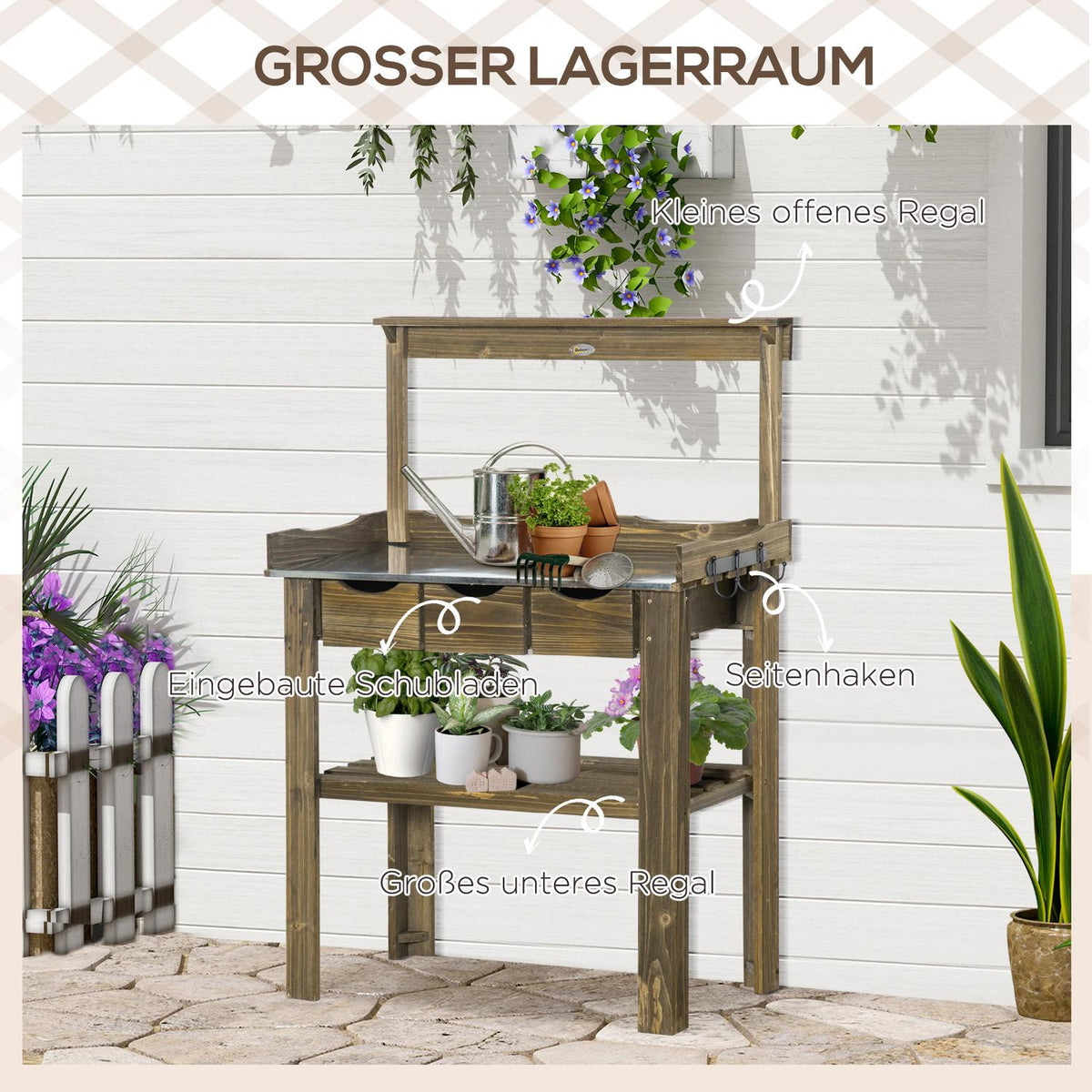 Plant Table Garden Table Made Of Wood 3 Drawers Hooks Galvanized Work Surface For Garden Patio Charred 78X38X112Cm