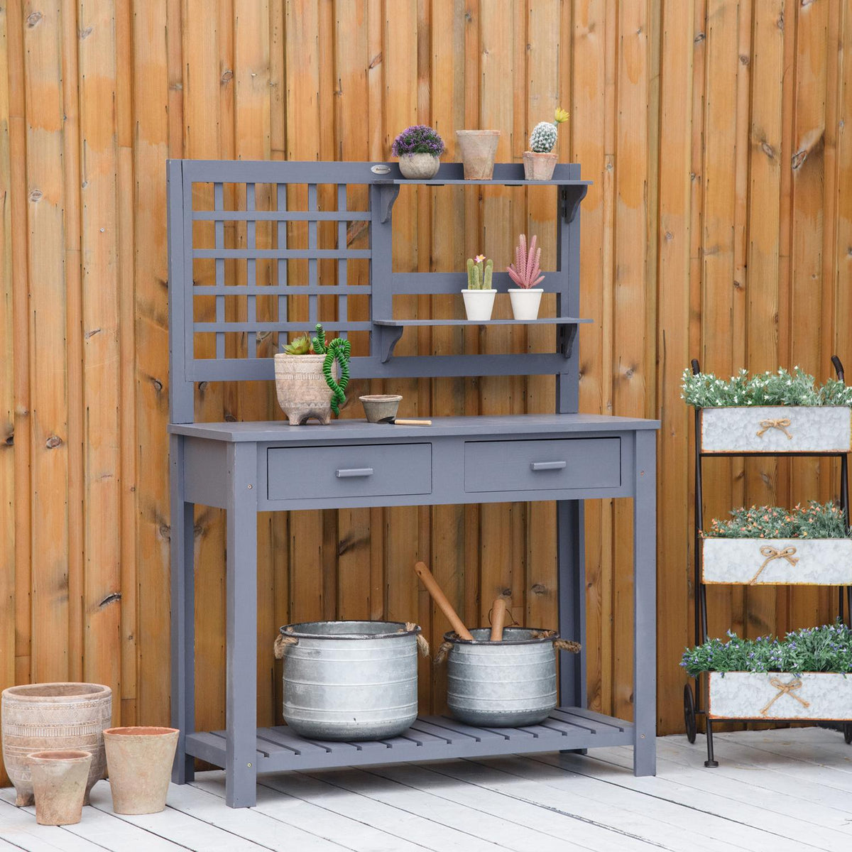 Plant Table Garden Table Made Of Wood With 2 Drawers Shelves Mesh Wall Wooden Plant Table For Garden Patio Gray 105 X 42 X 141.5 Cm