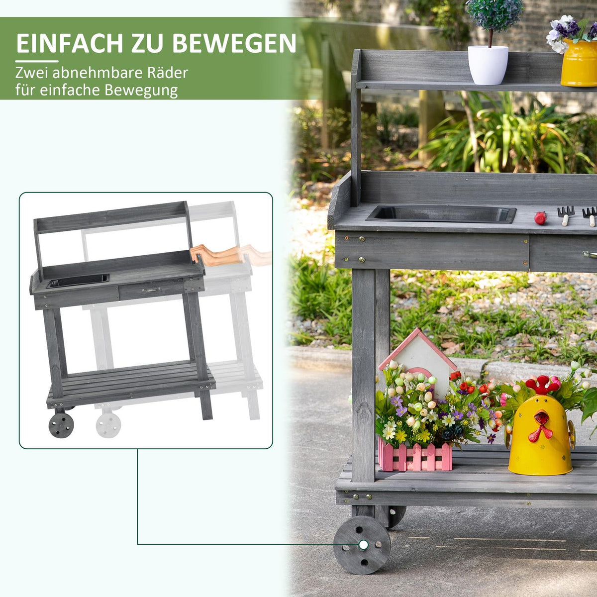 Plant Table Garden Table With Drawer, 2 Steps, Sink & Wheels, Fir Wood, Gray, 92X45X119Cm