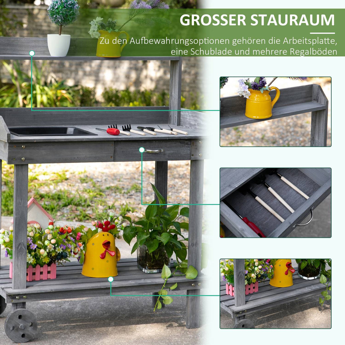 Plant Table Garden Table With Drawer, 2 Steps, Sink & Wheels, Fir Wood, Gray, 92X45X119Cm