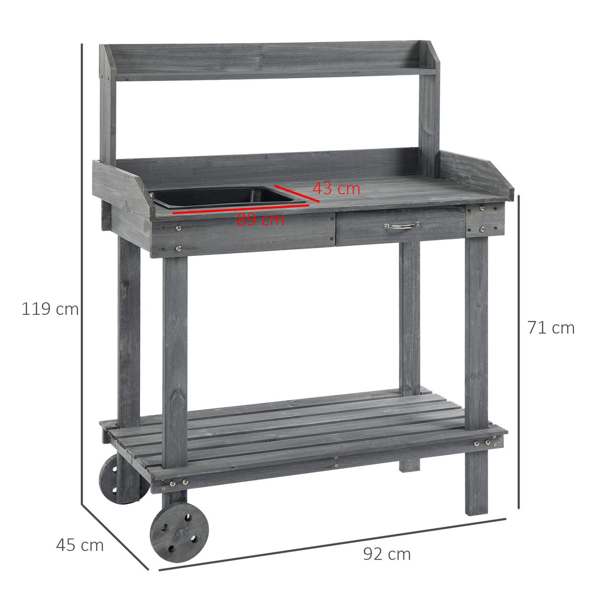 Plant Table Garden Table With Drawer, 2 Steps, Sink & Wheels, Fir Wood, Gray, 92X45X119Cm