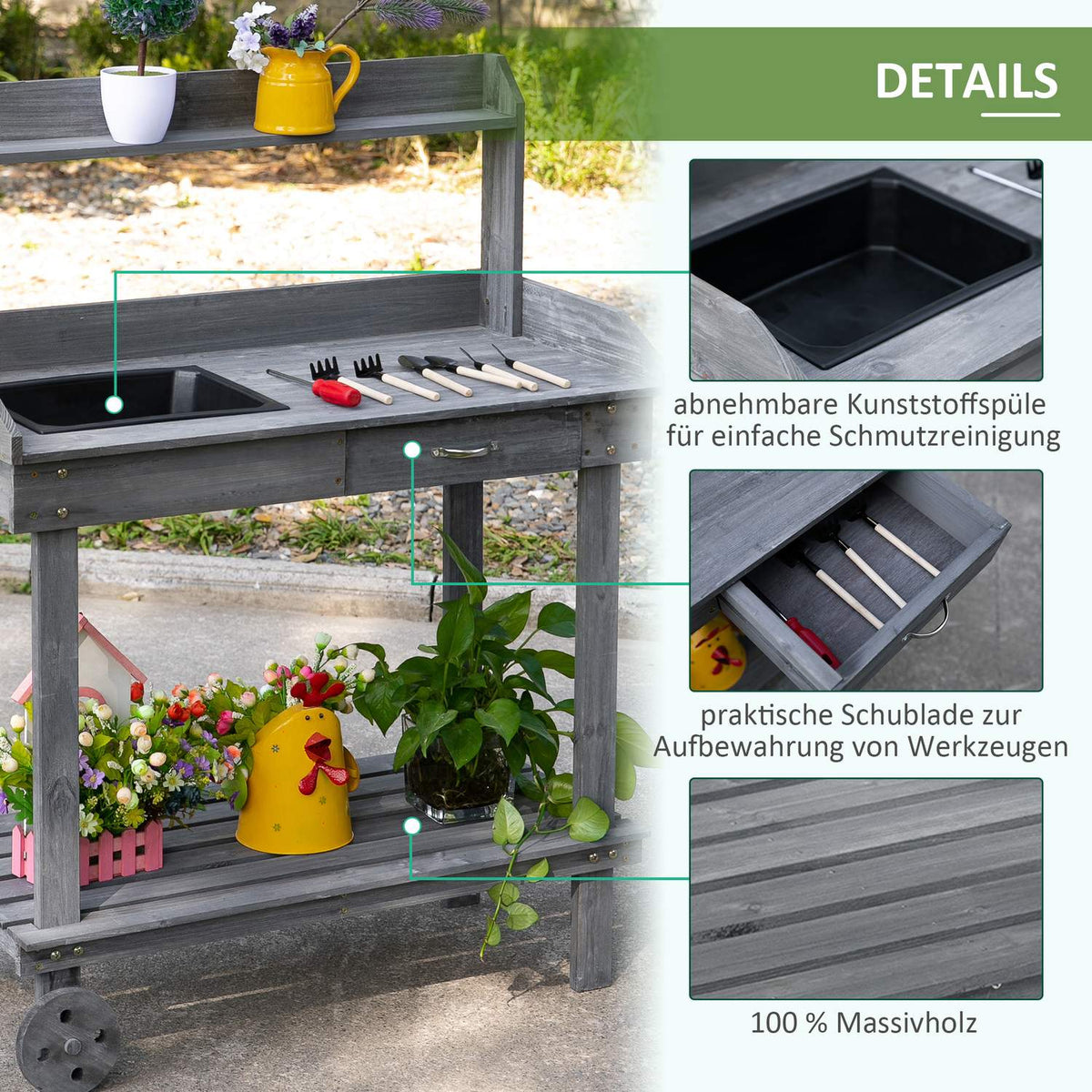 Plant Table Garden Table With Drawer, 2 Steps, Sink & Wheels, Fir Wood, Gray, 92X45X119Cm