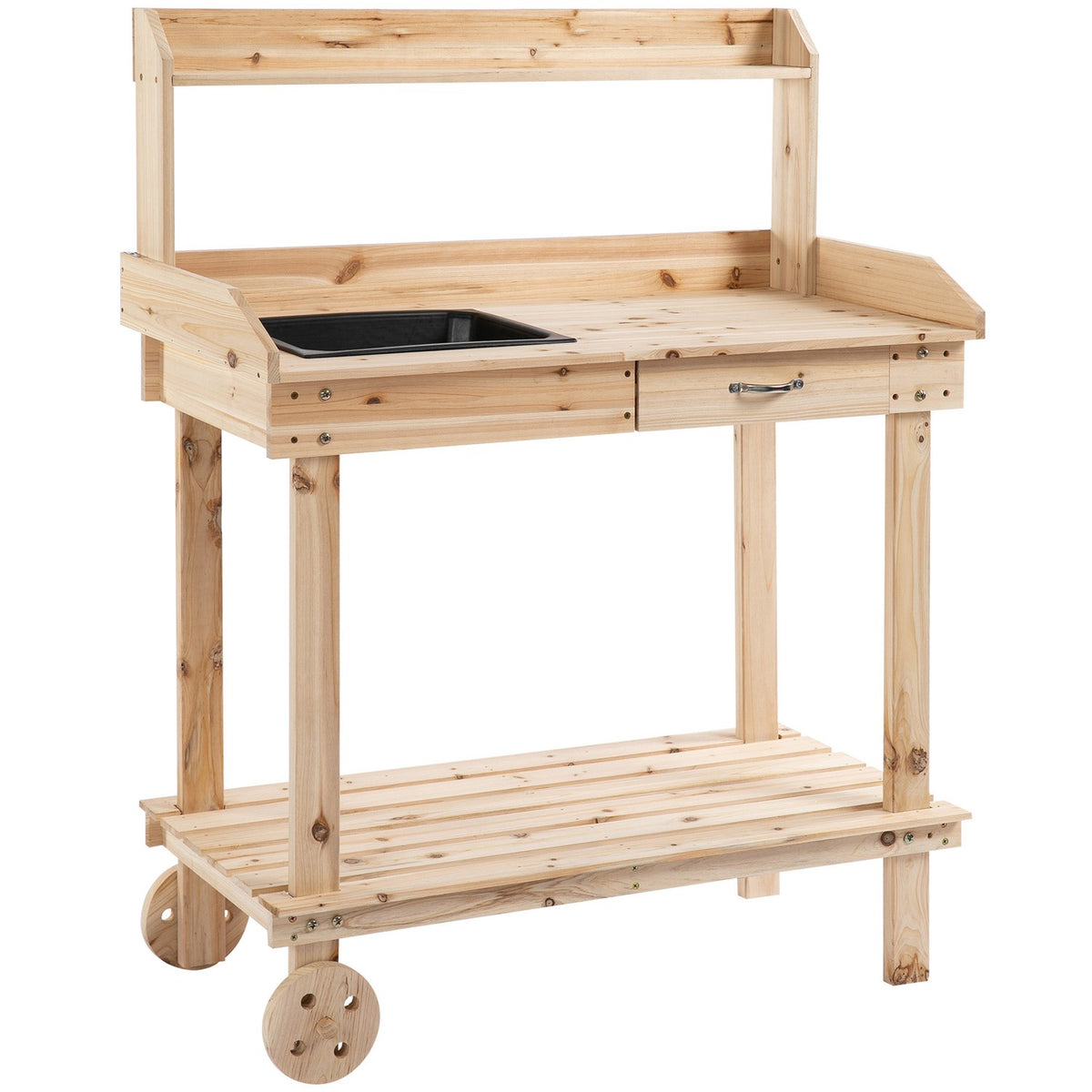 Plant Table Garden Table With Drawer, 2 Steps, Sink & Wheels, Fir Wood, Natural, 92X45X119Cm