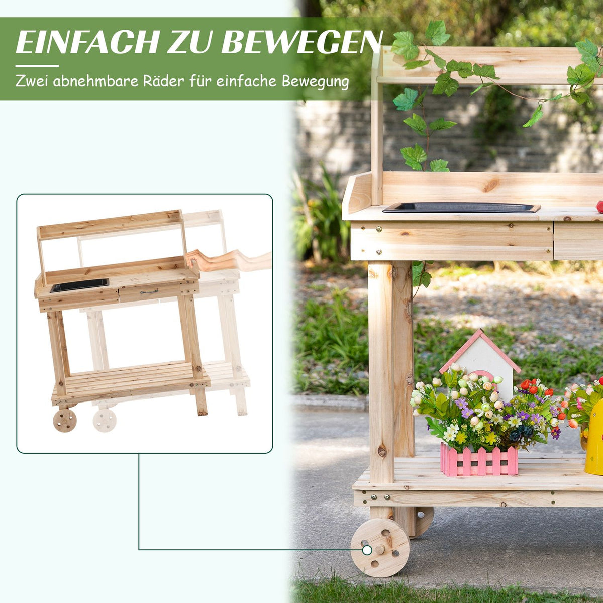 Plant Table Garden Table With Drawer, 2 Steps, Sink & Wheels, Fir Wood, Natural, 92X45X119Cm