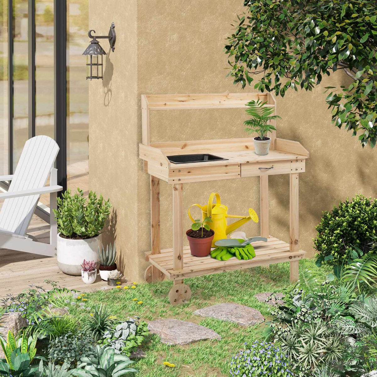 Plant Table Garden Table With Drawer, 2 Steps, Sink & Wheels, Fir Wood, Natural, 92X45X119Cm