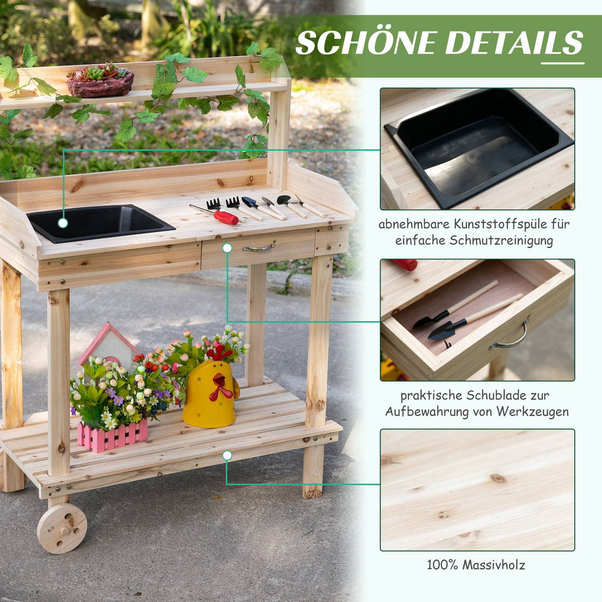 Plant Table Garden Table With Drawer, 2 Steps, Sink & Wheels, Fir Wood, Natural, 92X45X119Cm