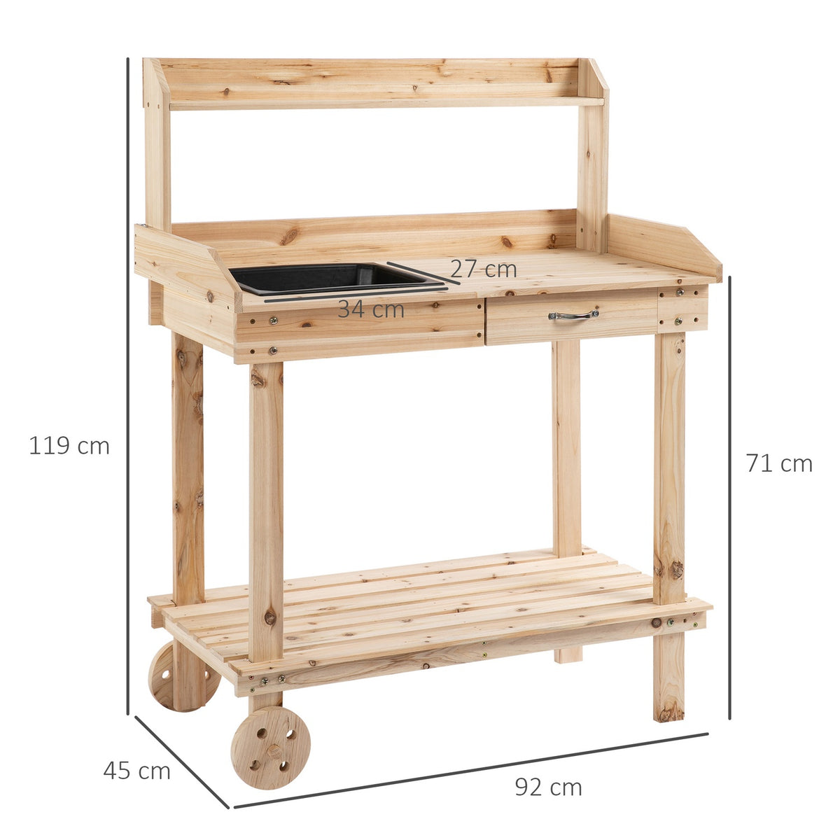 Plant Table Garden Table With Drawer, 2 Steps, Sink & Wheels, Fir Wood, Natural, 92X45X119Cm
