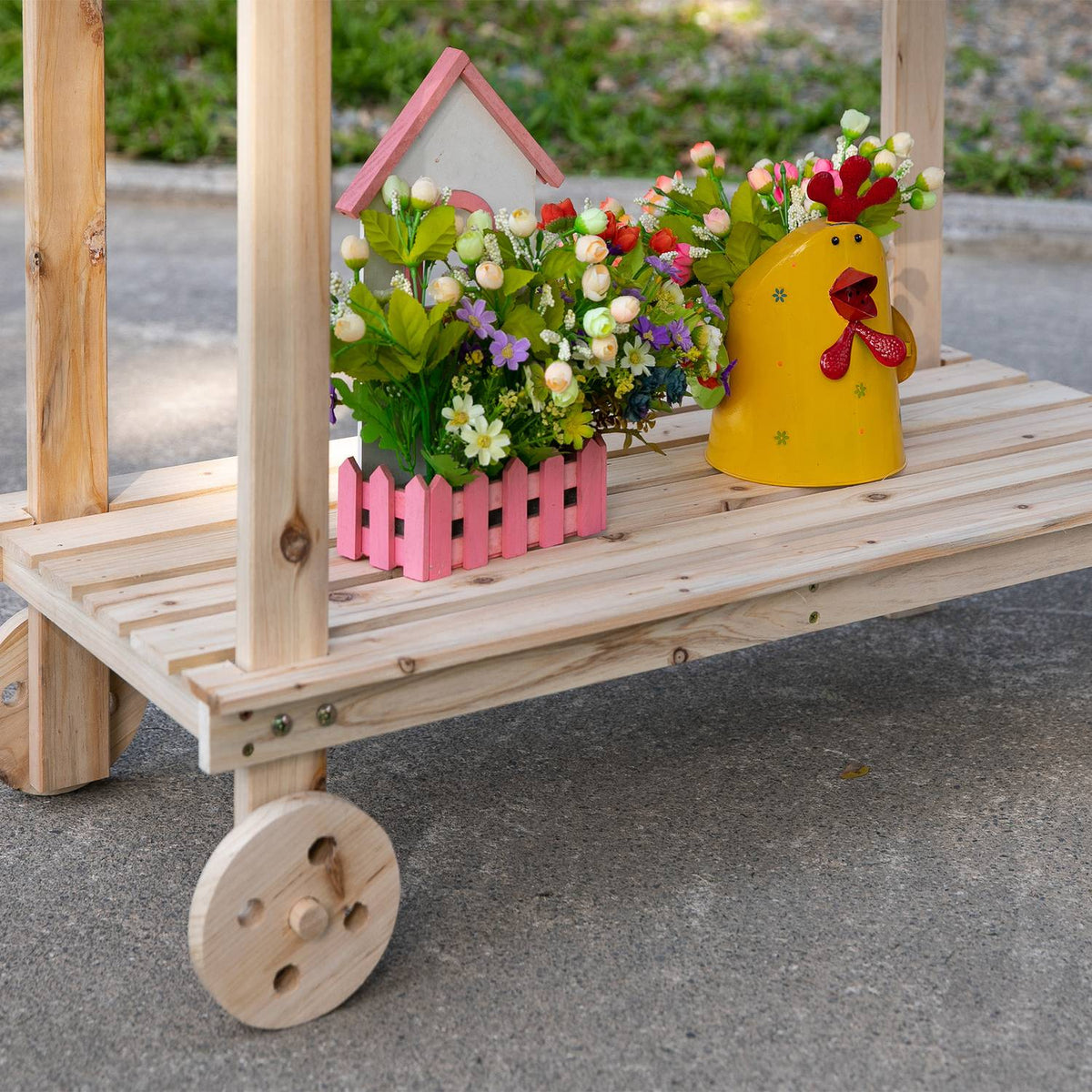 Plant Table Garden Table With Drawer, 2 Steps, Sink & Wheels, Fir Wood, Natural, 92X45X119Cm