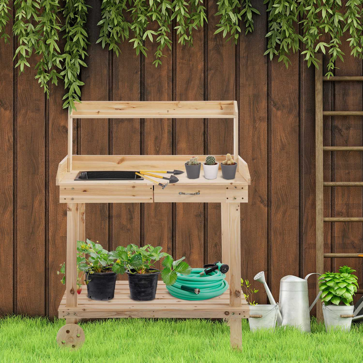 Plant Table Garden Table With Drawer, 2 Steps, Sink & Wheels, Fir Wood, Natural, 92X45X119Cm