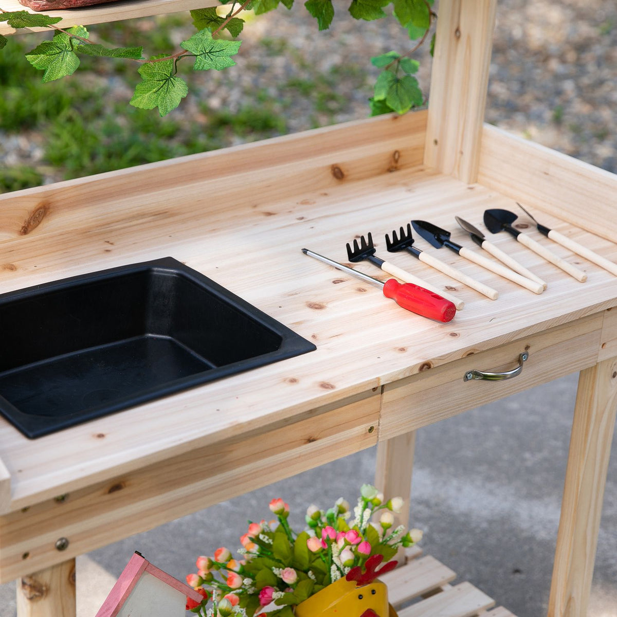 Plant Table Garden Table With Drawer, 2 Steps, Sink & Wheels, Fir Wood, Natural, 92X45X119Cm