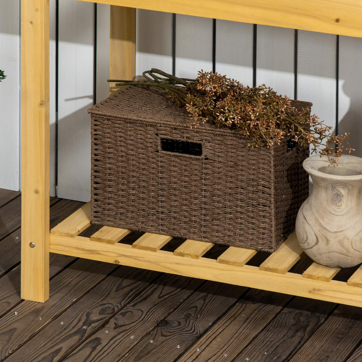 Plant Table Garden Table With Extendable Table Top & Stainless Steel Sink, 2 Storage Compartments, Solid Wood, Brown, 92X45X120Cm