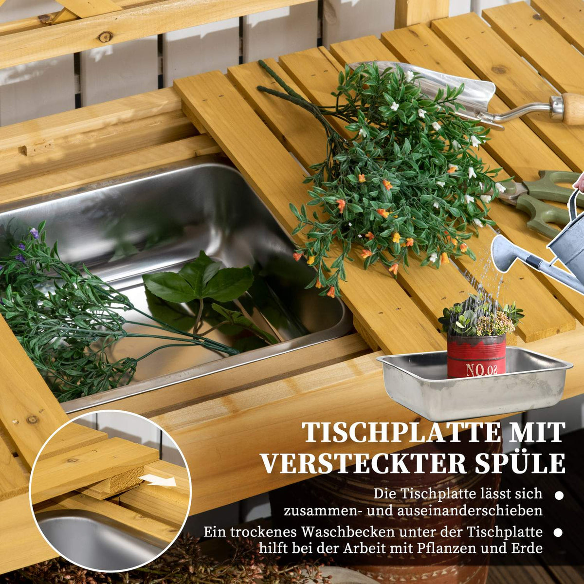 Plant Table Garden Table With Extendable Table Top & Stainless Steel Sink, 2 Storage Compartments, Solid Wood, Brown, 92X45X120Cm