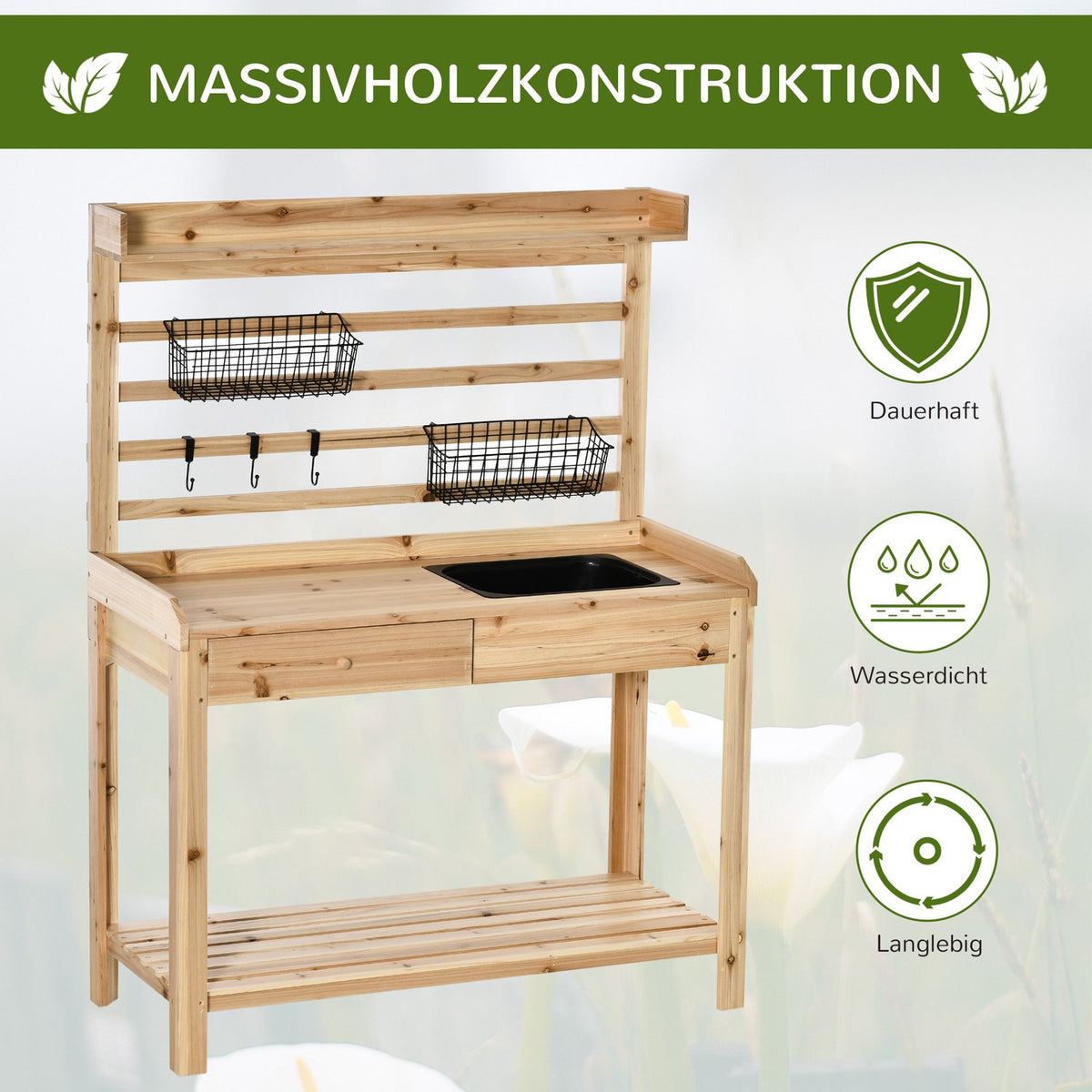 Plant Table, Gardener'S Table With Sink, Flower Table Made Of Wood With Drawer, Hook, Basket, Shelf, Garden, Terrace, Natural, 107.5 X 46 X 142 Cm