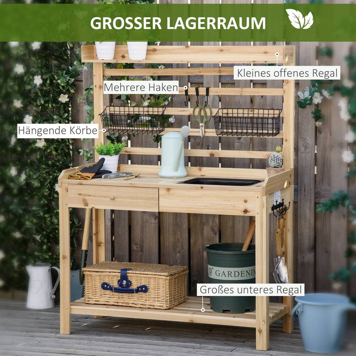 Plant Table, Gardener'S Table With Sink, Flower Table Made Of Wood With Drawer, Hook, Basket, Shelf, Garden, Terrace, Natural, 107.5 X 46 X 142 Cm