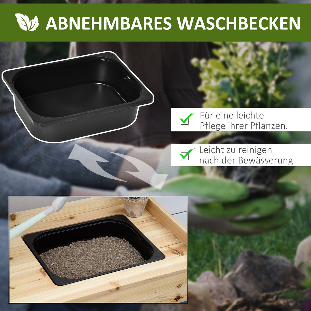 Plant Table, Gardener'S Table With Sink, Flower Table Made Of Wood With Drawer, Hook, Basket, Shelf, Garden, Terrace, Natural, 107.5 X 46 X 142 Cm