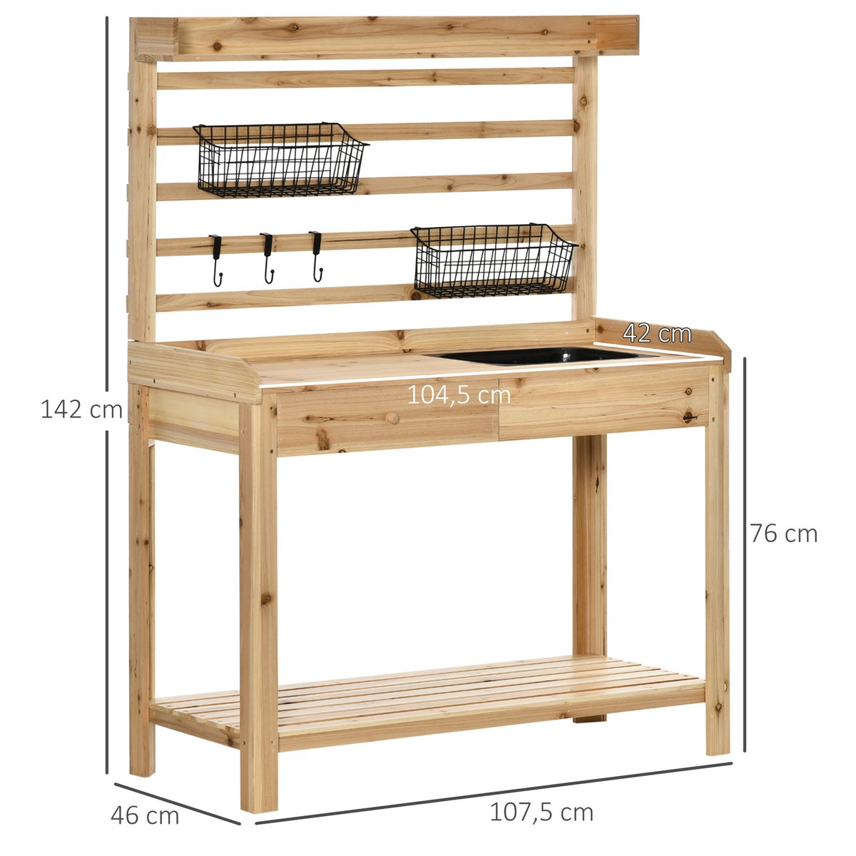 Plant Table, Gardener'S Table With Sink, Flower Table Made Of Wood With Drawer, Hook, Basket, Shelf, Garden, Terrace, Natural, 107.5 X 46 X 142 Cm