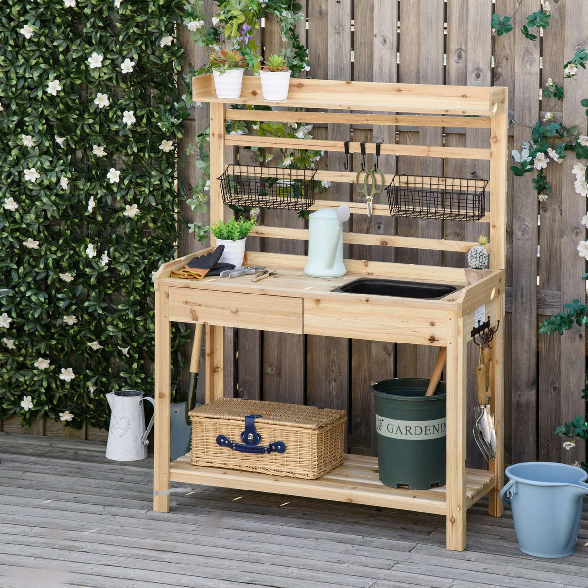 Plant Table, Gardener'S Table With Sink, Flower Table Made Of Wood With Drawer, Hook, Basket, Shelf, Garden, Terrace, Natural, 107.5 X 46 X 142 Cm