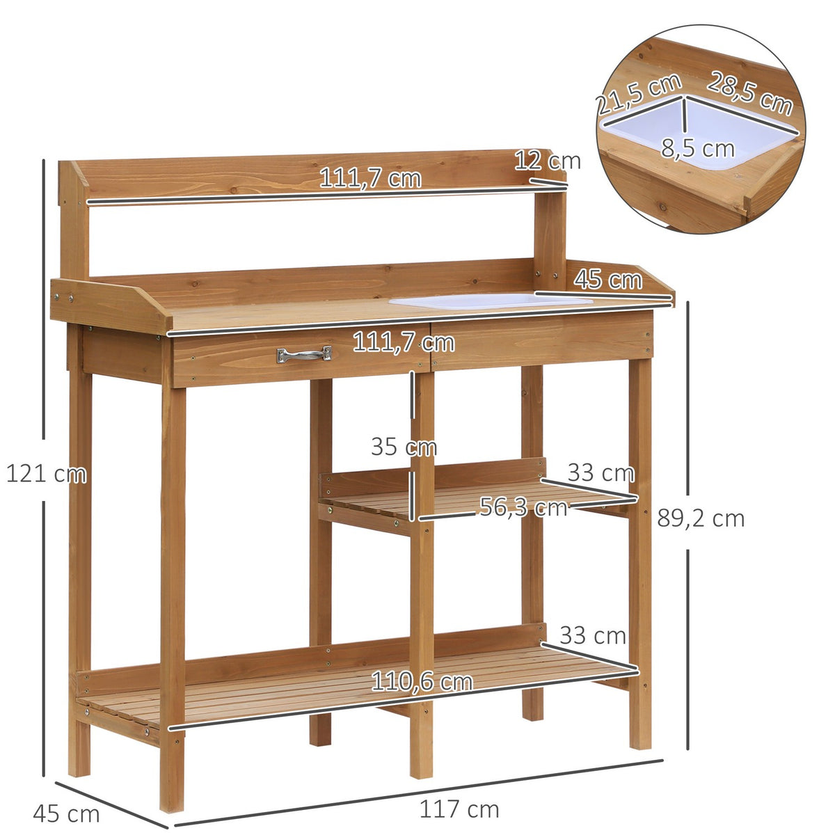 Plant Table Gardening Table With Tub Made Of Fir Wood, H112Cm, For Gardening & Plant Care
