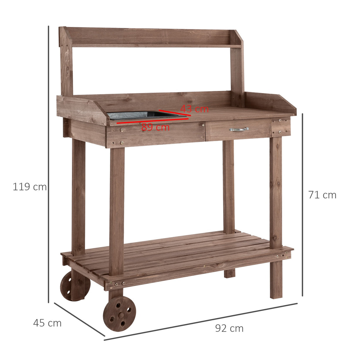 Plant Table With Drawer 2 Steps Gardening Table With Sink And Wheels Garden Fir Wood Brown 92 X 45 X 119 Cm