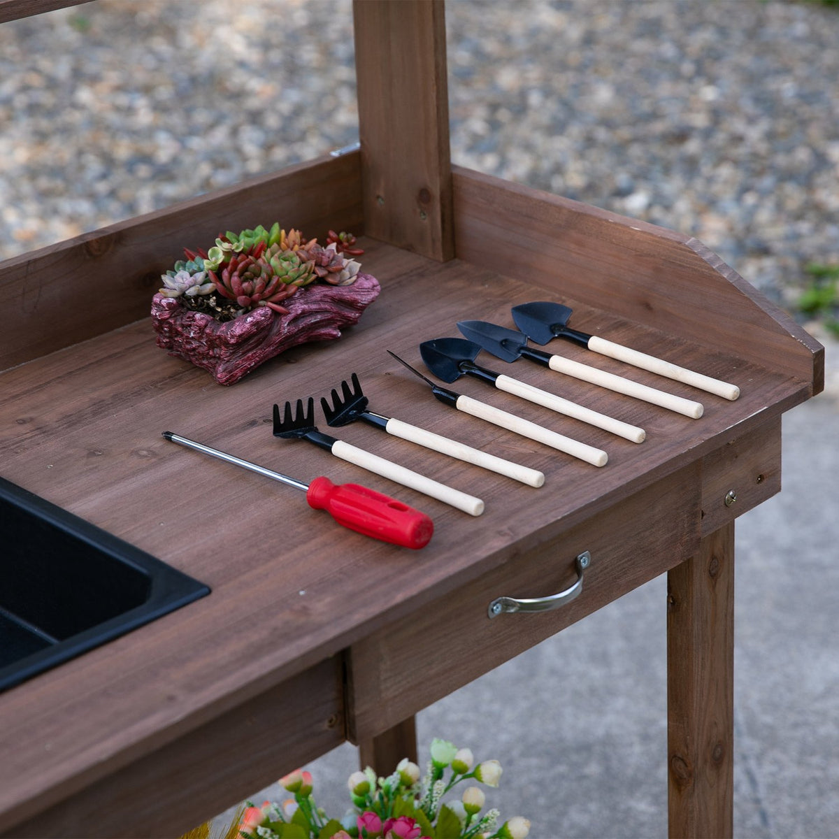 Plant Table With Drawer 2 Steps Gardening Table With Sink And Wheels Garden Fir Wood Brown 92 X 45 X 119 Cm
