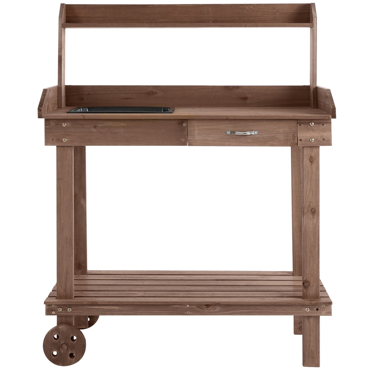 Plant Table With Drawer 2 Steps Gardening Table With Sink And Wheels Garden Fir Wood Brown 92 X 45 X 119 Cm