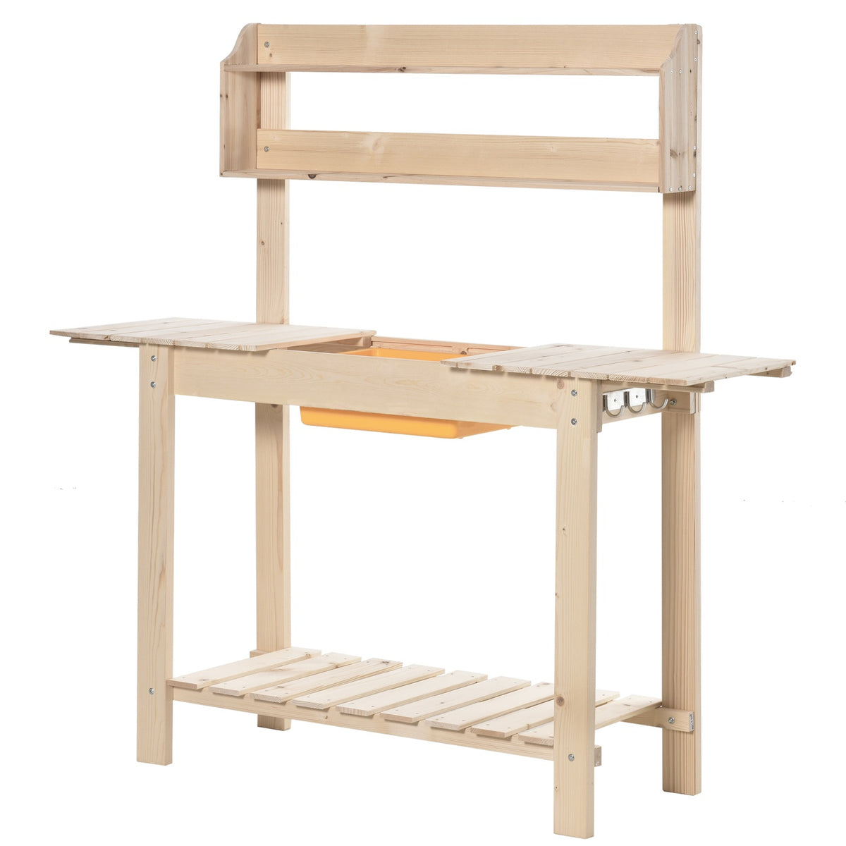 Plant Table With Hooks, Adjustable Work Surface, Made Of Fir Wood, For Garden & Patio, Natural, 100X40X140Cm