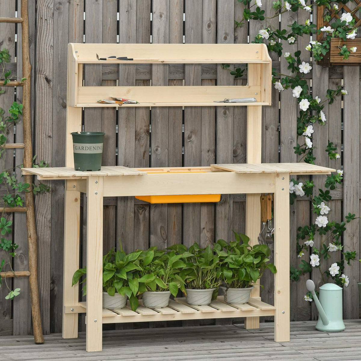 Plant Table With Hooks, Adjustable Work Surface, Made Of Fir Wood, For Garden & Patio, Natural, 100X40X140Cm