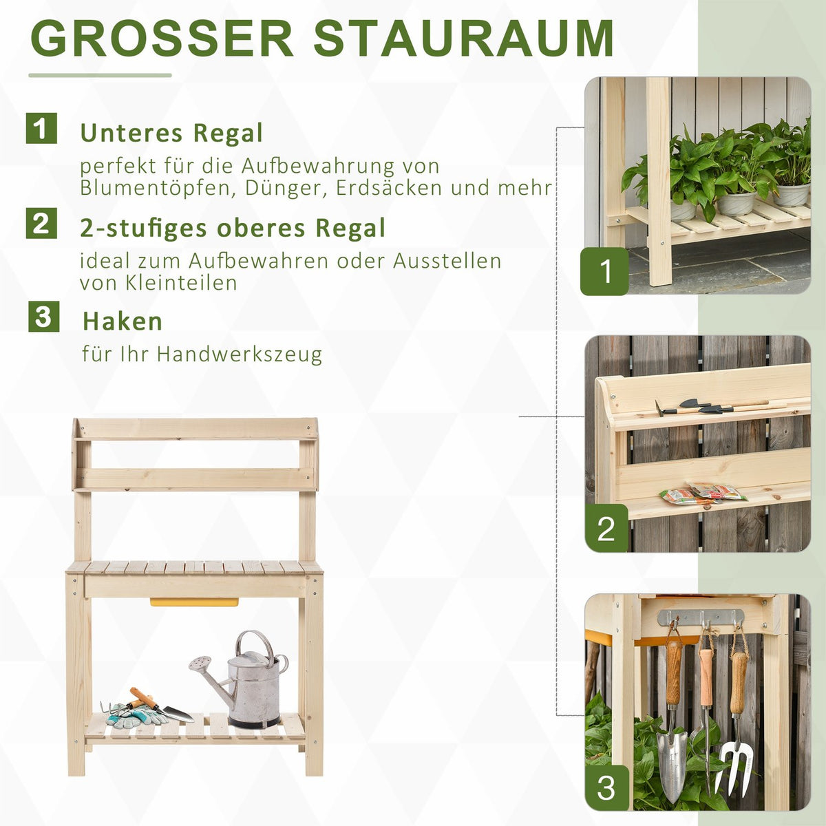 Plant Table With Hooks, Adjustable Work Surface, Made Of Fir Wood, For Garden & Patio, Natural, 100X40X140Cm