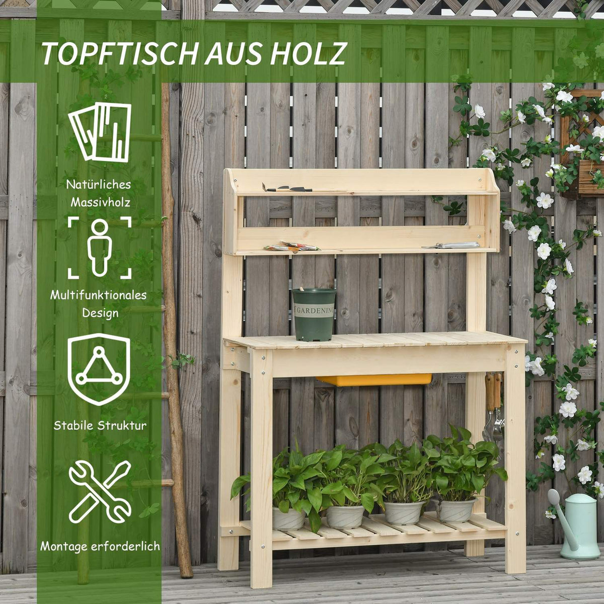 Plant Table With Hooks, Adjustable Work Surface, Made Of Fir Wood, For Garden & Patio, Natural, 100X40X140Cm