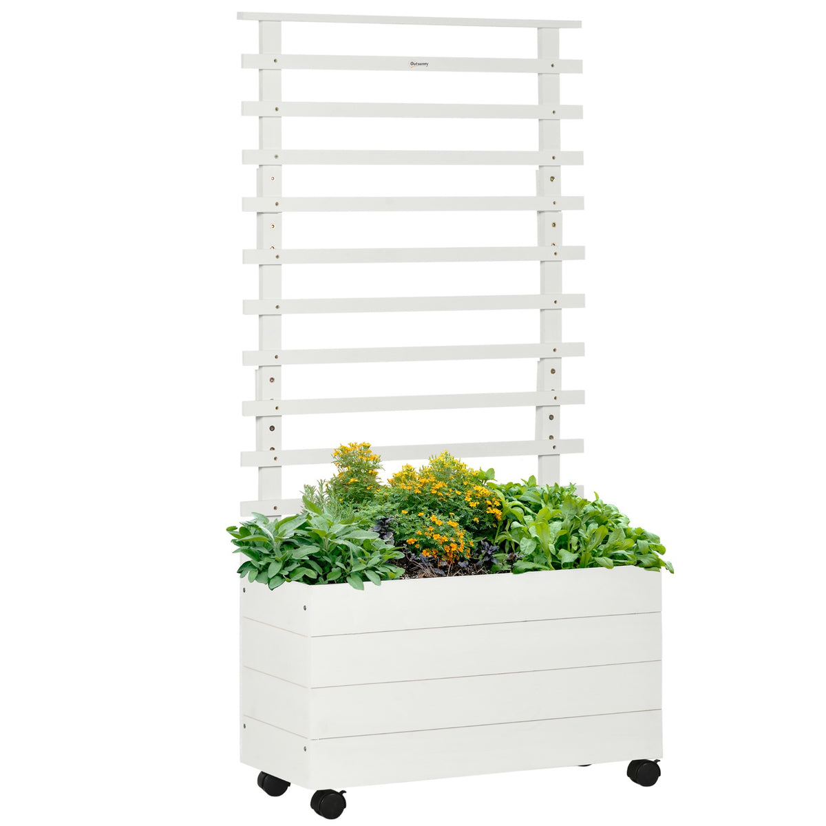 Plant box with trellis, flower box with wheels, raised bed for climbing plants, natural wood, white, 76 x 30 x 155 cm for garden