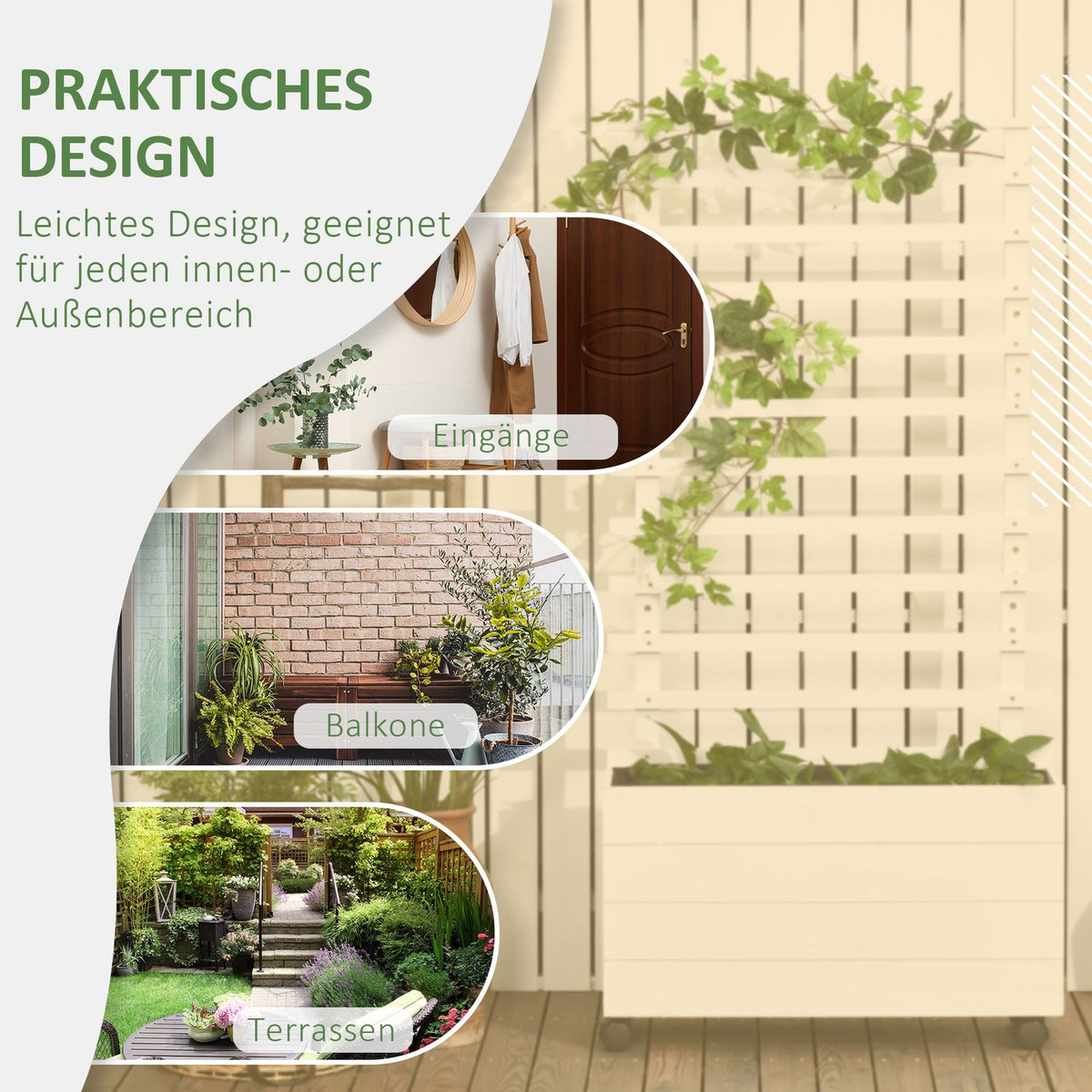 Plant box with trellis, flower box with wheels, raised bed for climbing plants, natural wood, white, 76 x 30 x 155 cm for garden