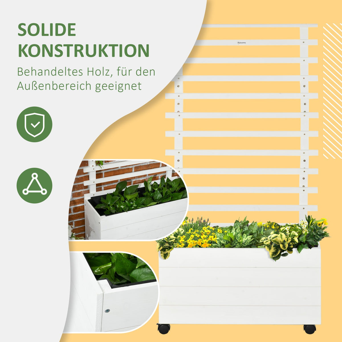 Plant box with trellis, flower box with wheels, raised bed for climbing plants, natural wood, white, 76 x 30 x 155 cm for garden