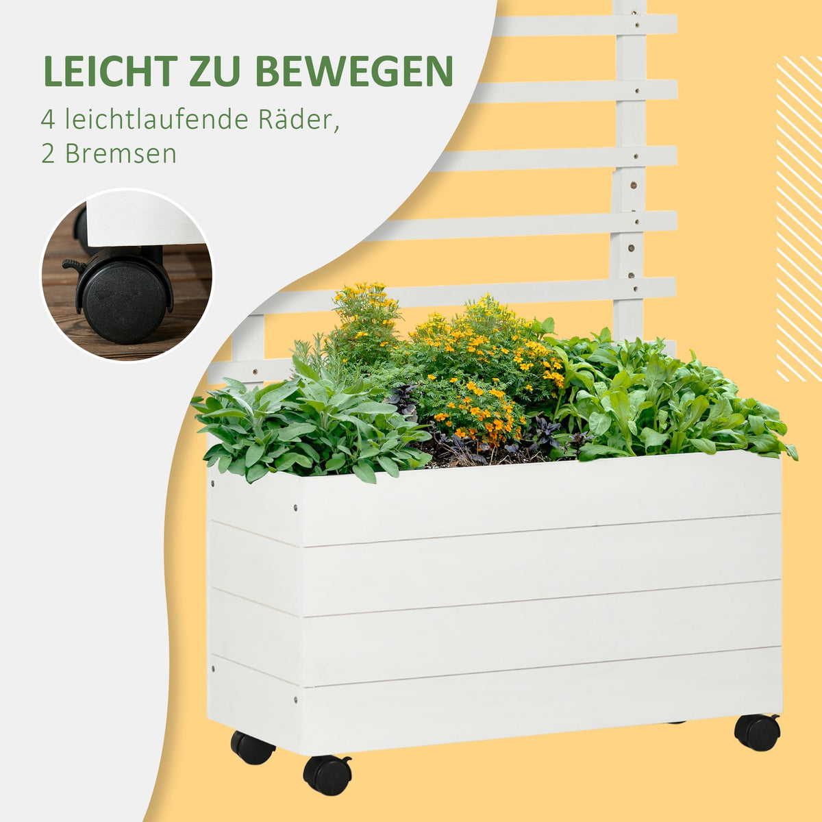 Plant box with trellis, flower box with wheels, raised bed for climbing plants, natural wood, white, 76 x 30 x 155 cm for garden