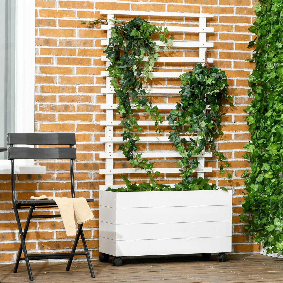 Plant box with trellis, flower box with wheels, raised bed for climbing plants, natural wood, white, 76 x 30 x 155 cm for garden