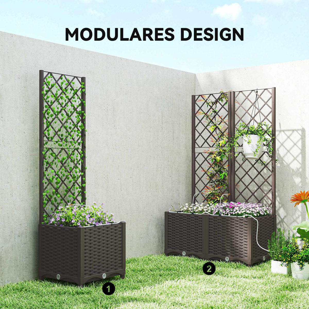 Planter Box Set with Trellis, Timer, Drainage, 80x40x136 cm