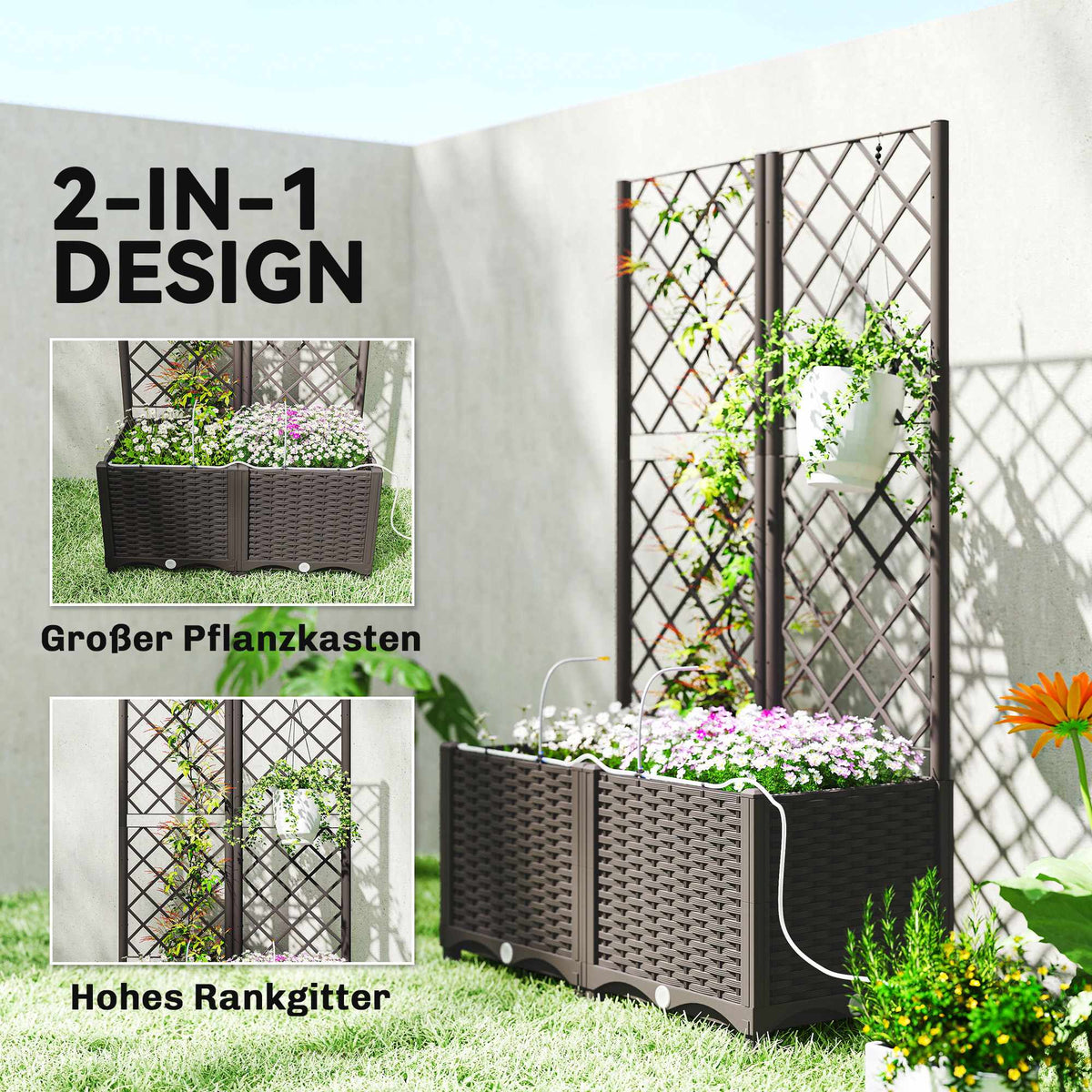 Planter Box Set with Trellis, Timer, Drainage, 80x40x136 cm