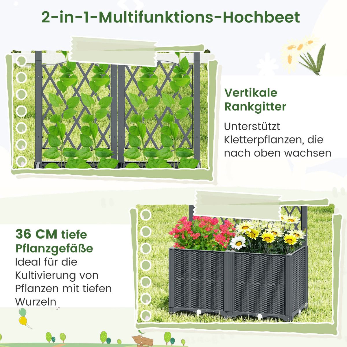Planter Box with Trellis, Self-Watering, 80x40x140 cm, Gray