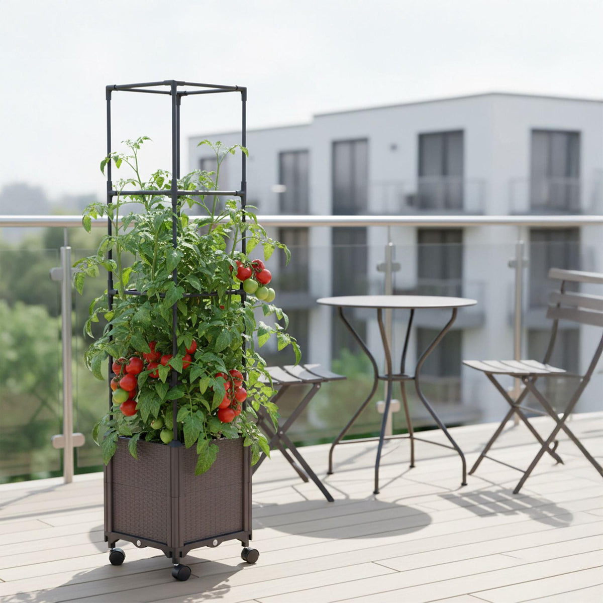 Planter Box with Trellis and Wheels – Rattan Style