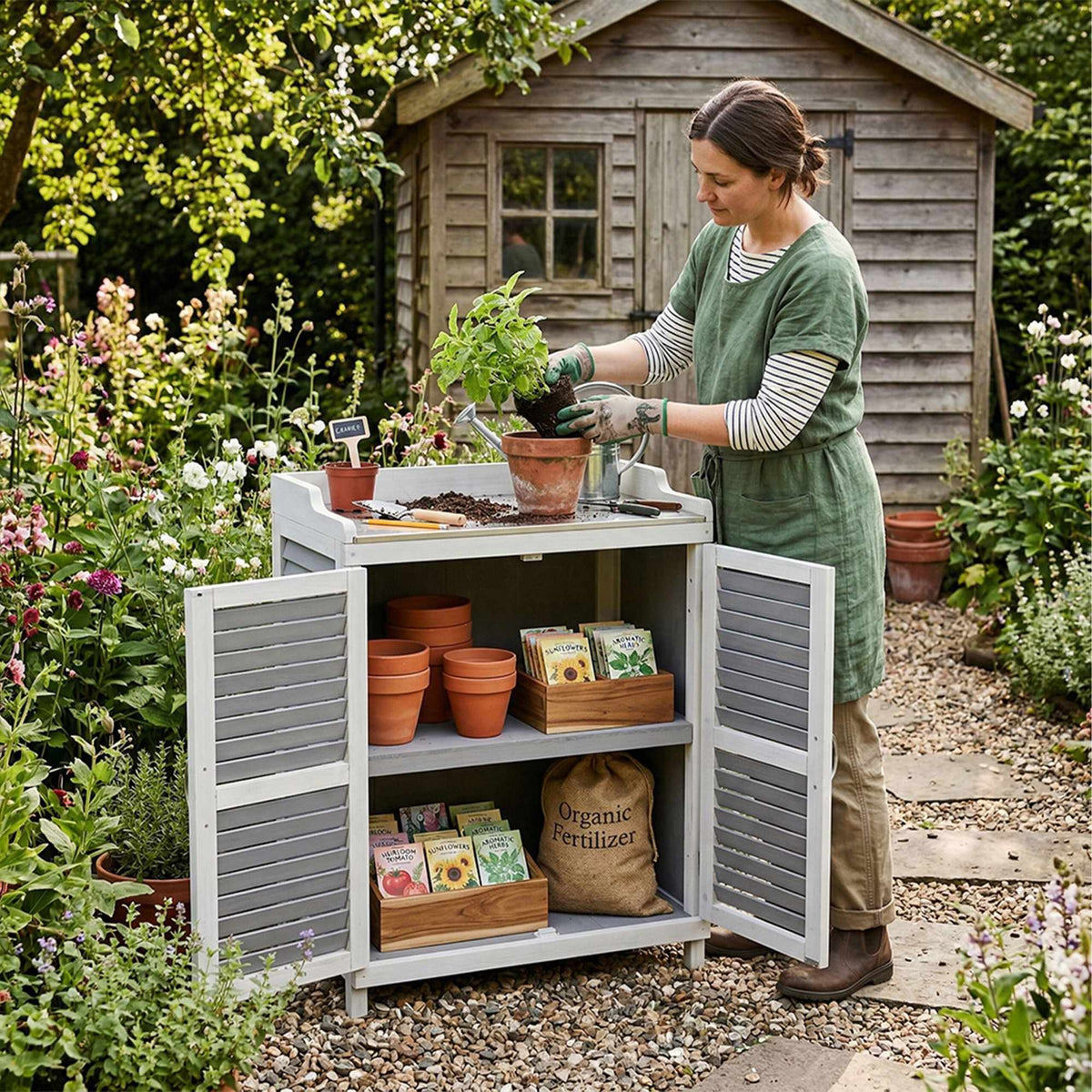 Planting Table with Metal Top and Storage Cabinet