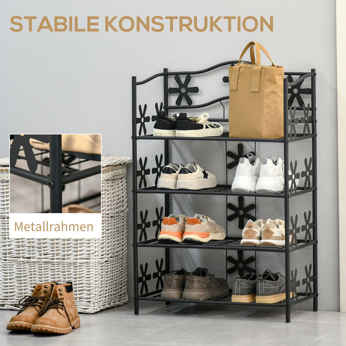 Plant shelf, flower shelf, plant stairs, 4 levels, metal, black, 59.5x30x92cm