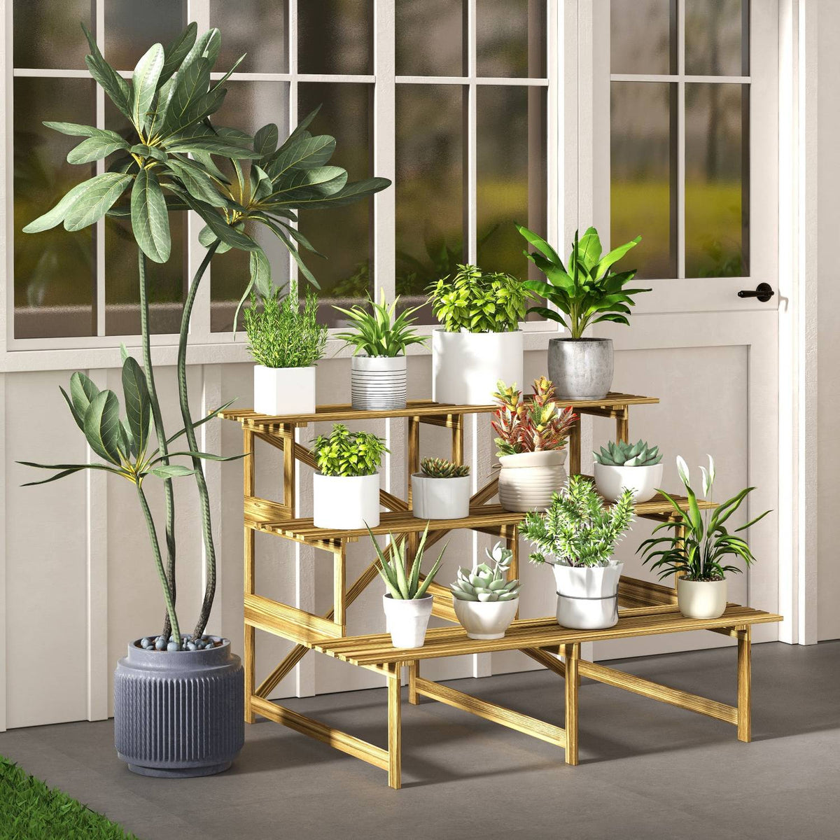 Plant stairs flower shelf 3 steps fir wood 120x80x78cm for garden balcony & terrace