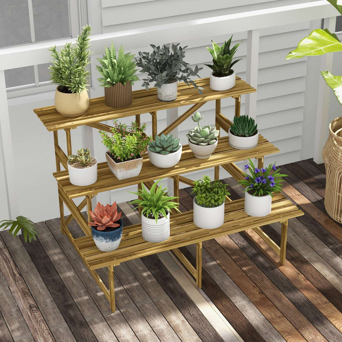 Plant stairs flower shelf 3 steps fir wood 120x80x78cm for garden balcony & terrace
