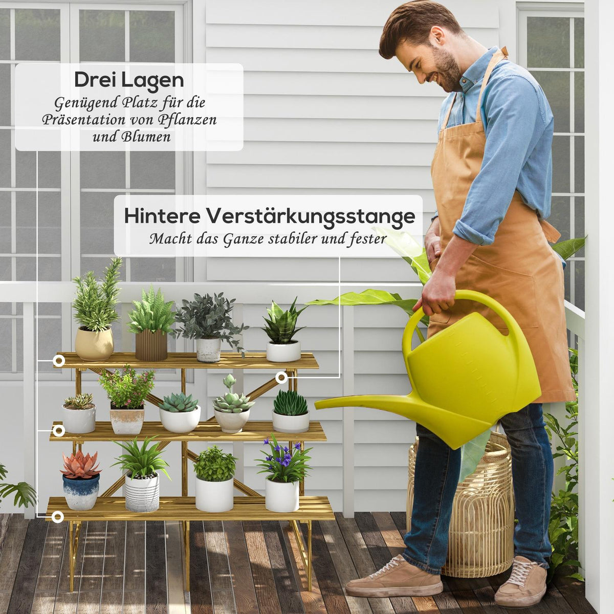 Plant stairs flower shelf 3 steps fir wood 120x80x78cm for garden balcony & terrace