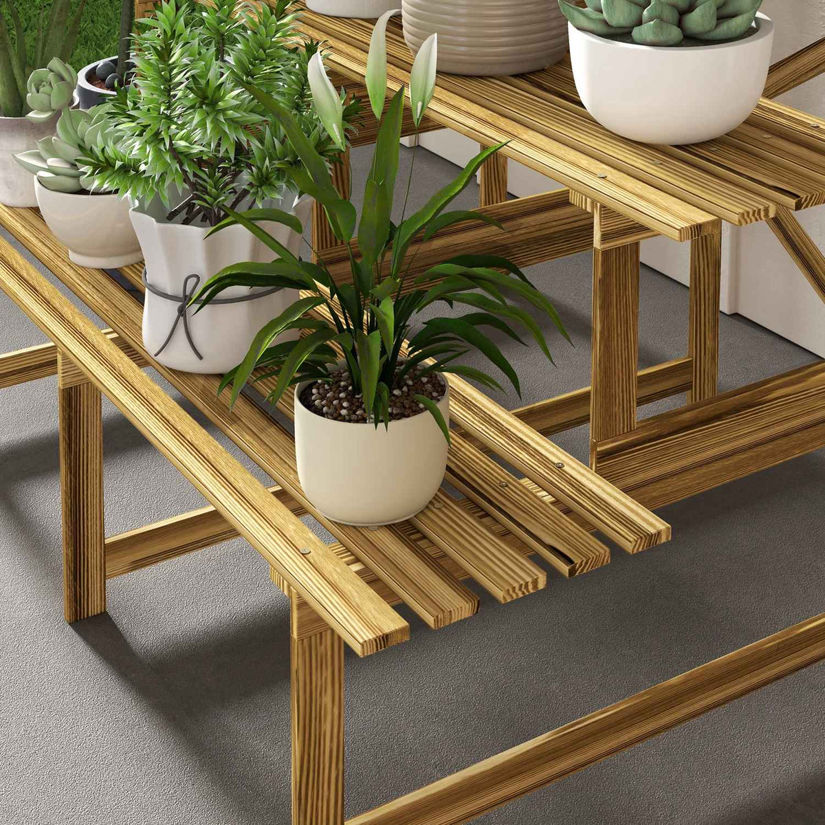 Plant stairs flower shelf 3 steps fir wood 120x80x78cm for garden balcony & terrace