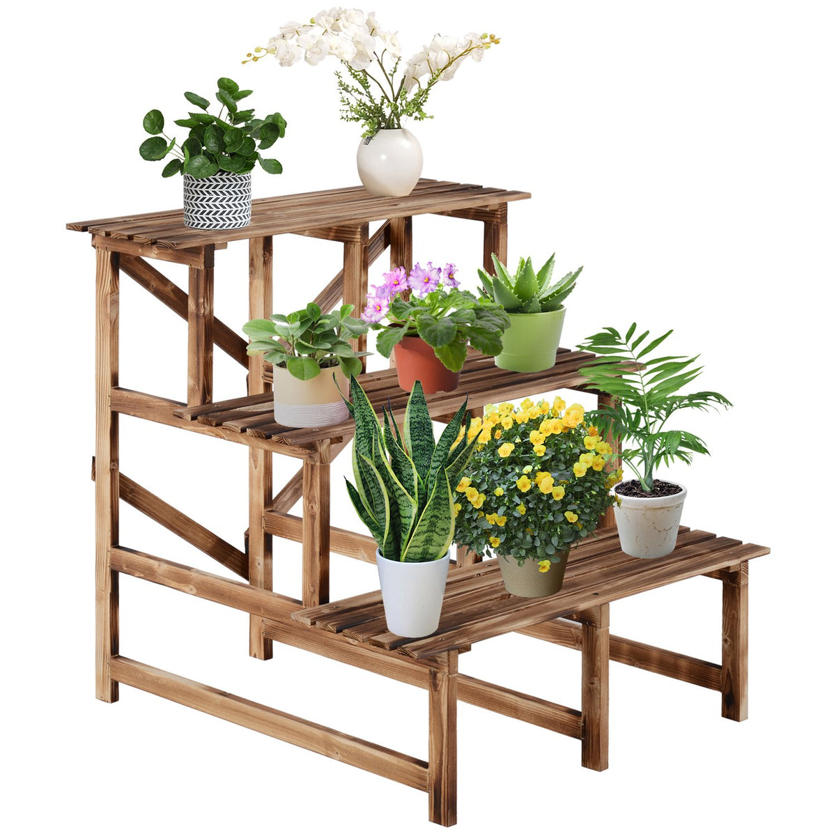 Plant stairs flower shelf 3 steps made of fir wood 80 x 80 x 78cm for garden balcony & terrace